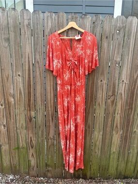 Anthropologie x Farm Rio Jacobella Red floral stretchy jumpsuit size small